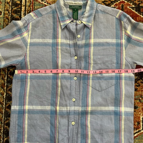 Lauren Ralph Lauren 100% Linen Plaid Purple Blue Button Down Top Small - Picture 10 of 13